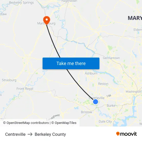 Centreville to Berkeley County map