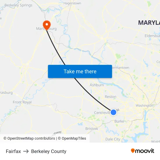 Fairfax to Berkeley County map