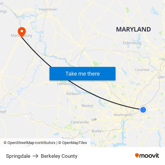 Springdale to Berkeley County map