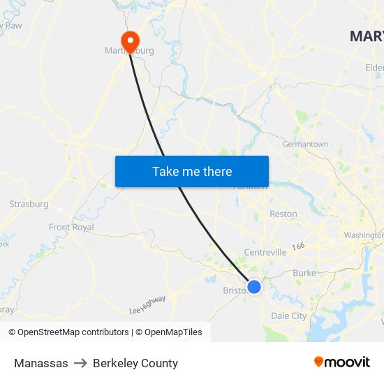 Manassas to Berkeley County map