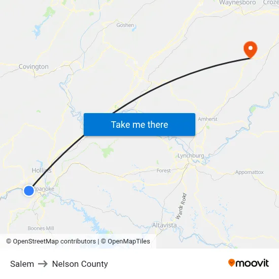 Salem to Nelson County map