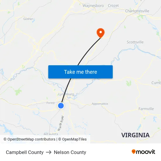 Campbell County to Nelson County map