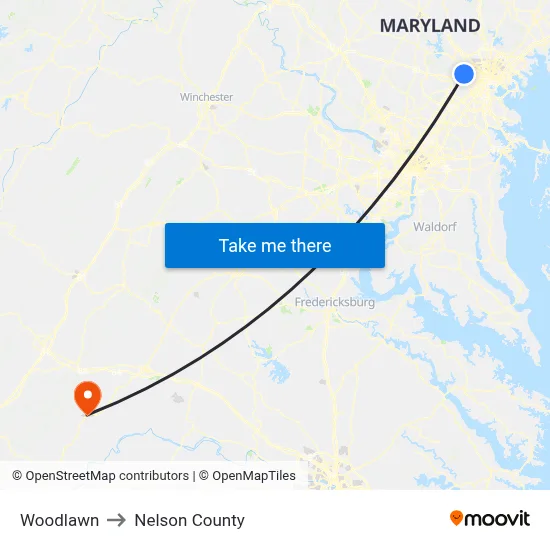 Woodlawn to Nelson County map
