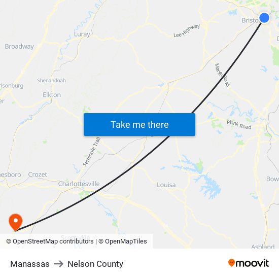 Manassas to Nelson County map