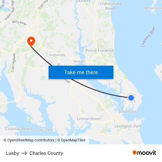 Lusby to Charles County map