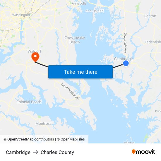 Cambridge to Charles County map