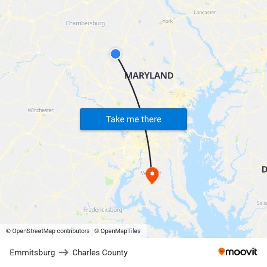 Emmitsburg to Charles County map