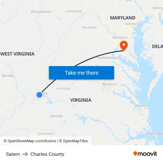 Salem to Charles County map