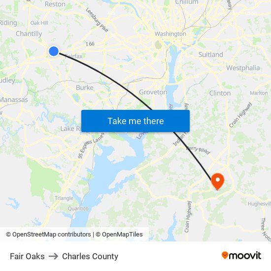 Fair Oaks to Charles County map