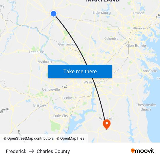 Frederick to Charles County map