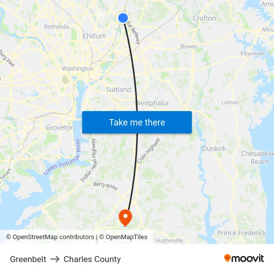 Greenbelt to Charles County map