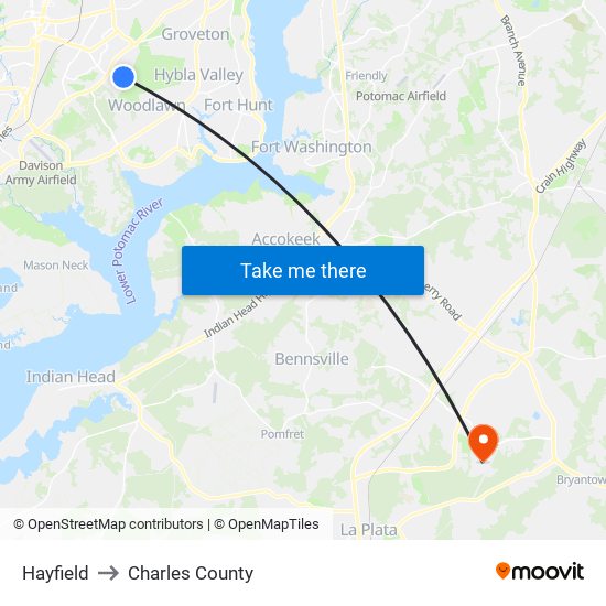 Hayfield to Charles County map