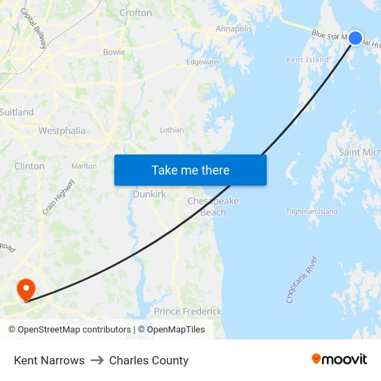Kent Narrows to Charles County map