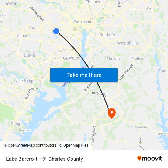 Lake Barcroft to Charles County map