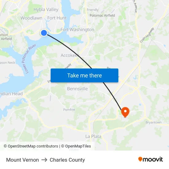 Mount Vernon to Charles County map