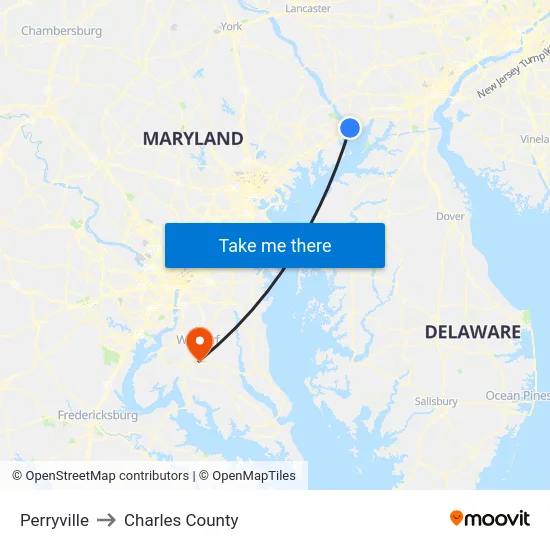 Perryville to Charles County map