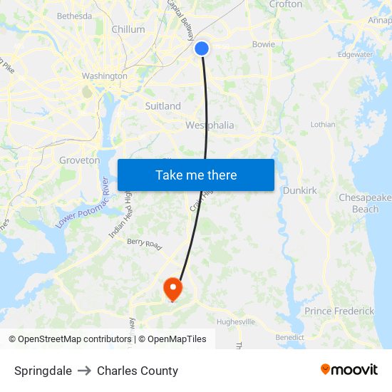 Springdale to Charles County map