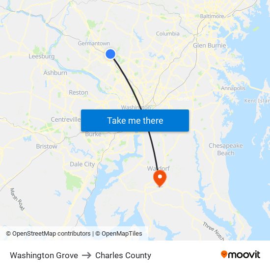 Washington Grove to Charles County map