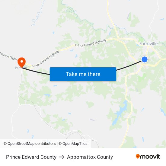 Prince Edward County to Appomattox County map