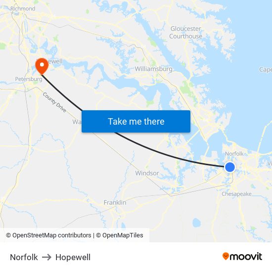 Norfolk to Hopewell map