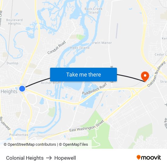 Colonial Heights to Hopewell map