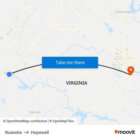 Roanoke to Hopewell map