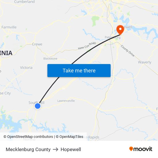 Mecklenburg County to Hopewell map