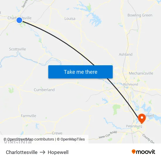 Charlottesville to Hopewell map