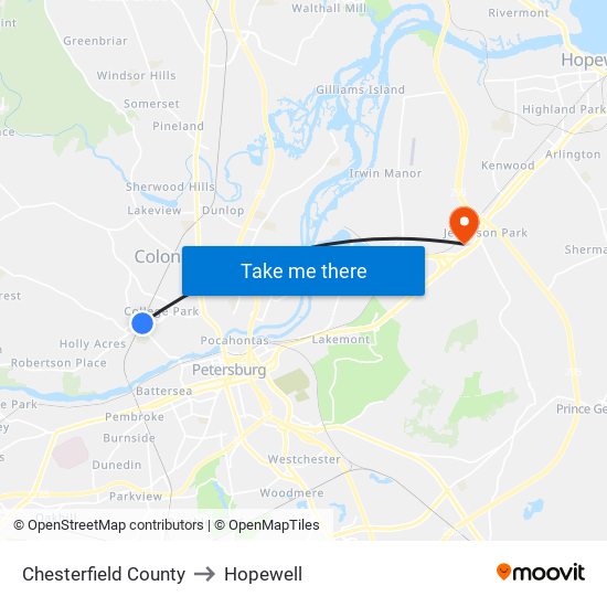 Chesterfield County to Hopewell map