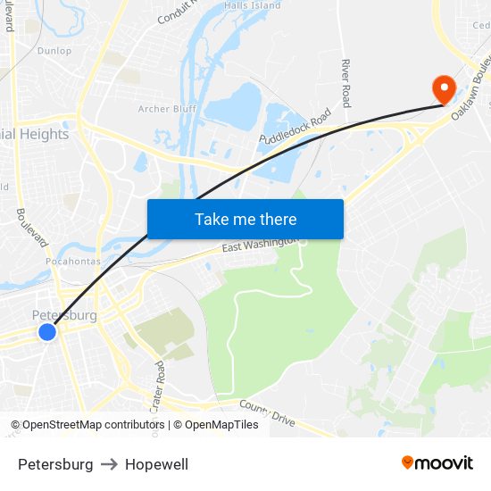 Petersburg to Hopewell map