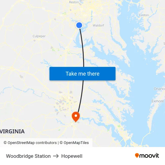 Woodbridge Station to Hopewell map