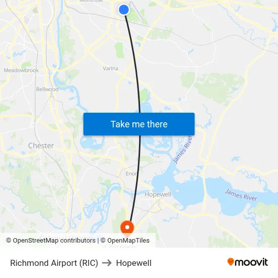 Richmond Airport (RIC) to Hopewell map