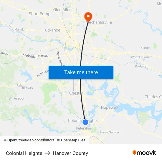 Colonial Heights to Hanover County map