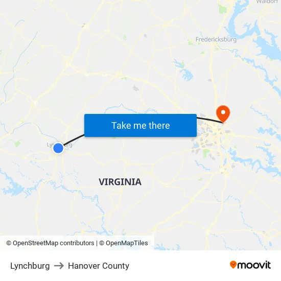 Lynchburg to Hanover County map