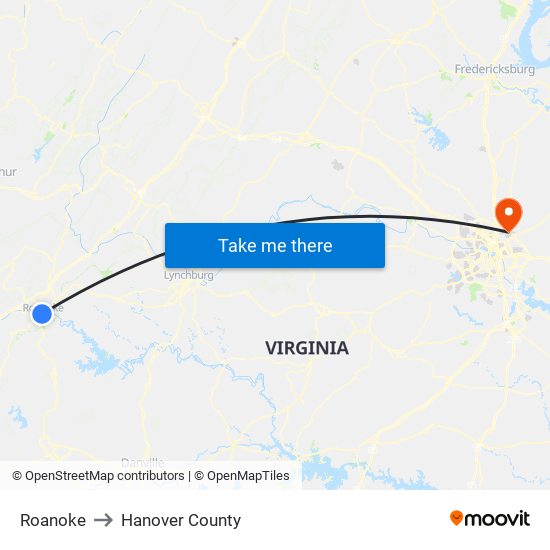 Roanoke to Hanover County map