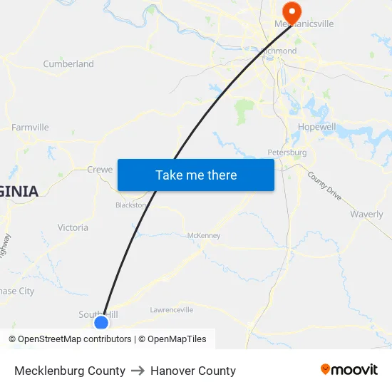 Mecklenburg County to Hanover County map