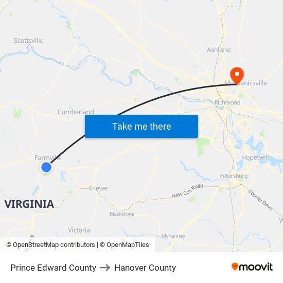Prince Edward County to Hanover County map