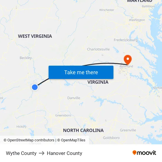 Wythe County to Hanover County map