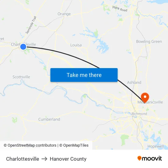 Charlottesville to Hanover County map
