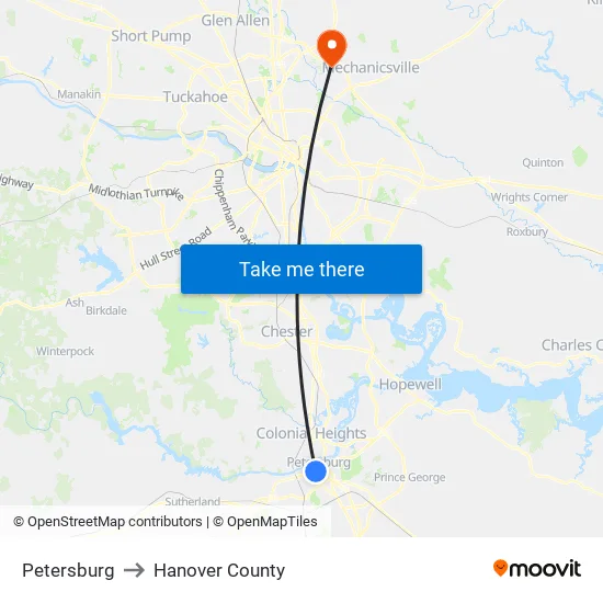 Petersburg to Hanover County map