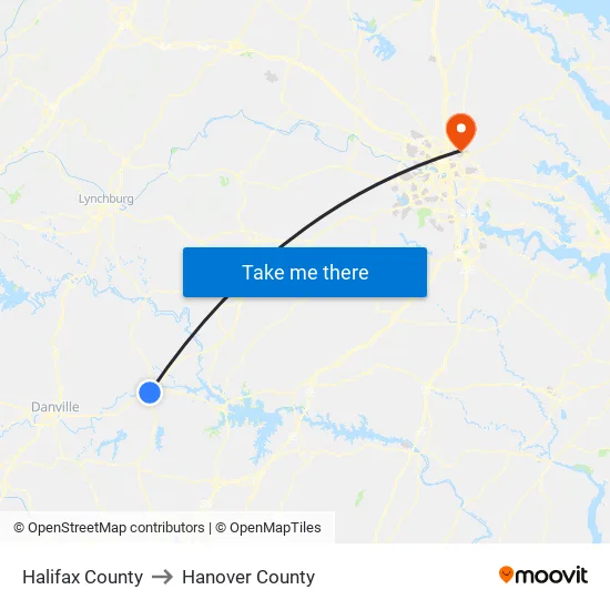 Halifax County to Hanover County map