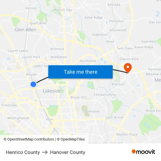 Henrico County to Hanover County map