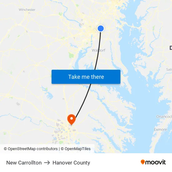 New Carrollton to Hanover County map
