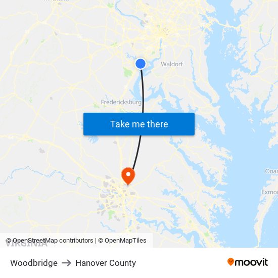 Woodbridge to Hanover County map