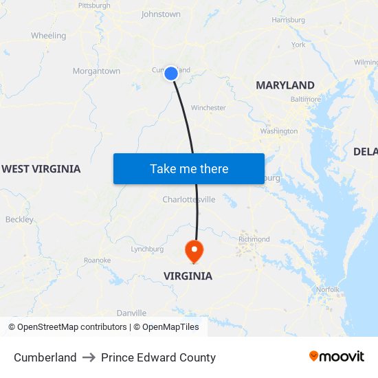Cumberland to Prince Edward County map