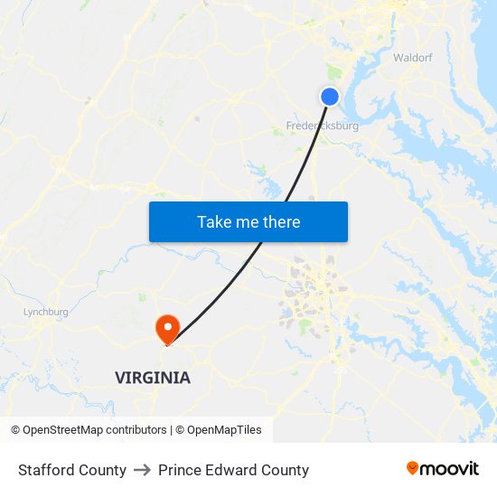Stafford County to Prince Edward County map