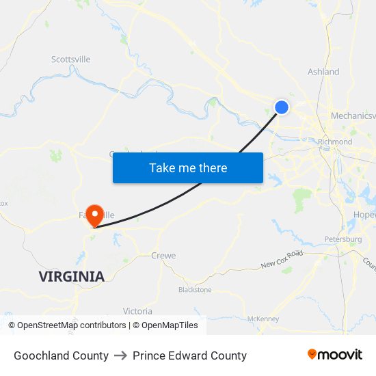 Goochland County to Prince Edward County map