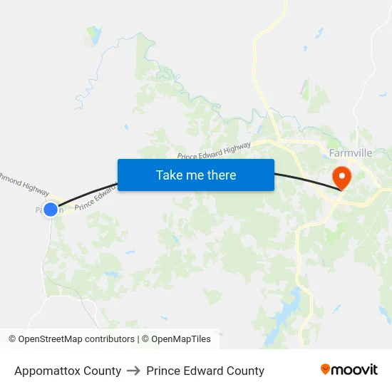Appomattox County to Prince Edward County map