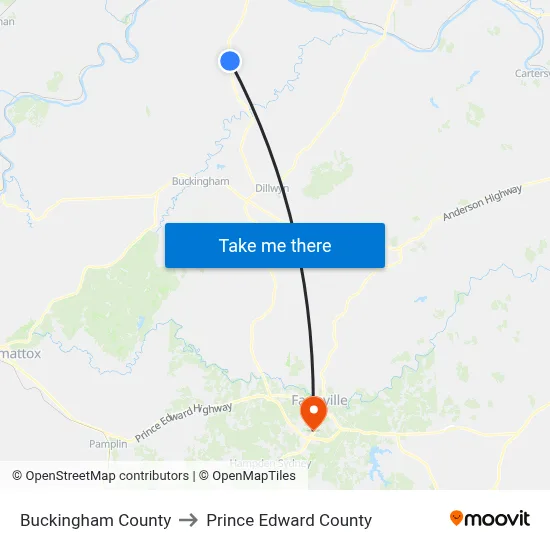 Buckingham County to Prince Edward County map