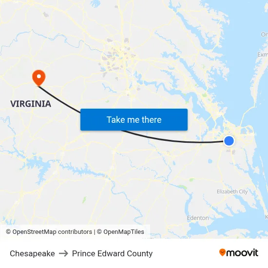 Chesapeake to Prince Edward County map